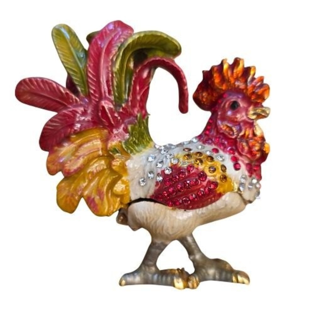 Bejeweled Rooster Trinket Box Enameled Rhinestone Hinged Figurine Red Farmhouse